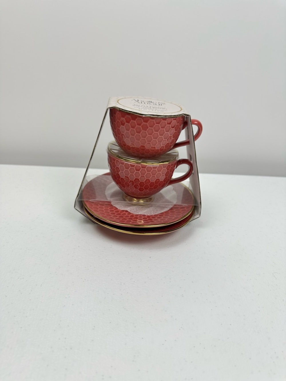 Abeille & Amour Luxury Teaware-Set of 2 Espresso Cups & Saucers - Red Porcelain